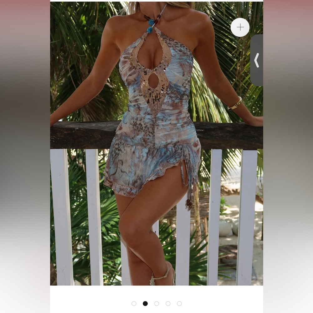 Elegant Halter Mini Dress in Blue and Brown